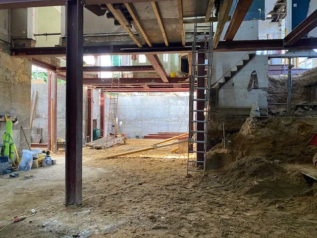 Basement excavation with steel frame and temporary works